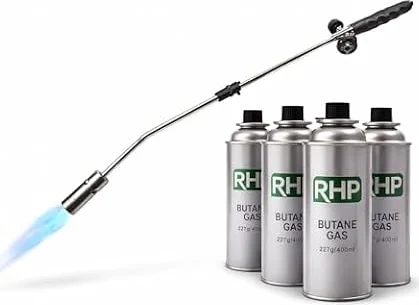 Brûleur à mauvaises herbes RHP - 80 cm - Avec 4 cartouches de butane de 227 g - Brûleur à gaz avec allumage piézoélectrique, dispositif de flamme max. 1000 °C - Flamme réglable