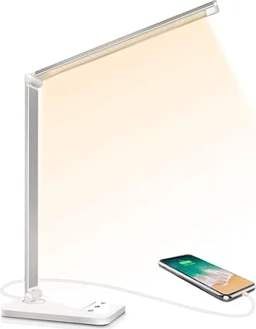 SLATOR Lampe de Bureau LED, Dimmable 5 Modes de Couleur 10 Niveaux de Luminosité, Flexible Contrôle Tactile Protection des Yeux,Lampe de chevet Avec Port USB et Fonction Minuterie