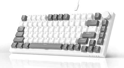 AJAZZ AK820 Mechanical Keyboard, 75% Hot Swappable Wired Volume Control Knob, PBT Keycaps, Five-Layer Sound Insulation Pad, 82-Key Gaming Keyboards, Grey White