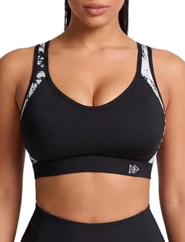 Yvette Soutien Gorge de Sport Femme Dos Croisé Maintien Élevé Grande Taille Brassière sans Armature avec Coussinets Course Tennis Fitness,Noir Imprimé,80D