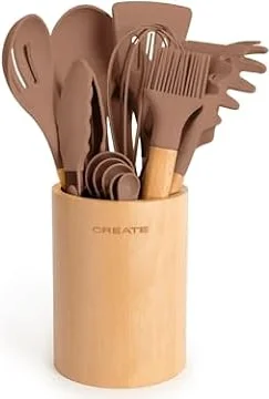CREATE/Set d'utensiles de cuisine Moka cassé et bois / 11 Utensiles de cuisine en silicone et bois hêtre naturel, sans BPA, jusqu'à 230°C