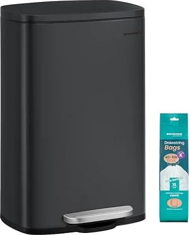 SONGMICS Poubelle Cuisine 50 L, Poubelle Bureau, Fermeture en Douceur, avec Pédale, en Acier, Seau Intérieur, Noir LTB050B02