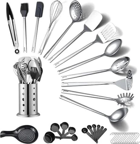 ReaNea Ensemble d’ustensiles de cuisine en acier inoxydable 40 pièces avec porte-ustensiles, gadgets de cuisine, essentiels de cuisine, ensemble de spatules en métal
