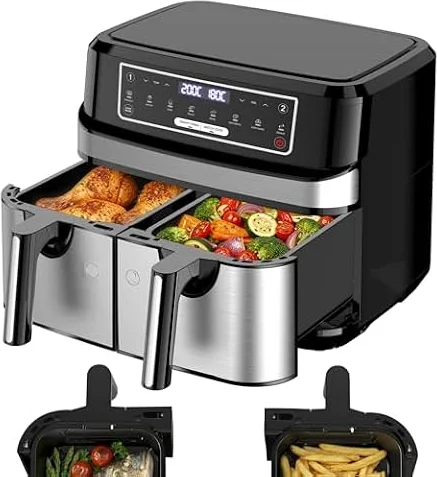 Air Fryer Double Compartiment 9L | Friteuse Sans Huile a 2x4,5L Tiroir, 2600W Friteuse à Air Chaud 8 en 1 Écran Tactile Smart Finish Fonction, Airfryer Deux Zones Contrôle Individuel Température Temps