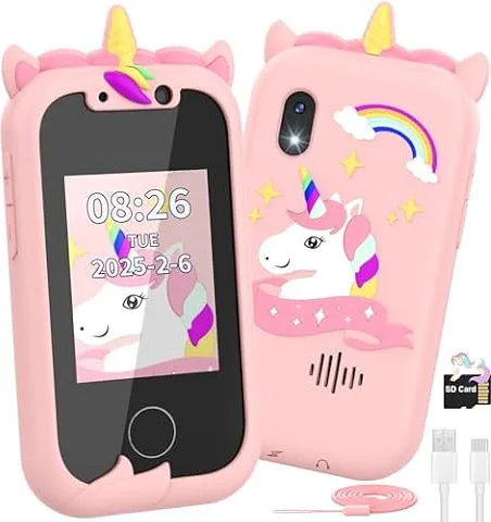 Ashfly Telephone Portable pour Enfants - Smartphone Enfant Jouets Fille 3 4 5 6 7 8 9 10 Ans, Téléphone Licornes 2,4 Pouces, Cadeaux d'anniversaire de Noël, Jouet éducatif avec 13 Jeux, Musique