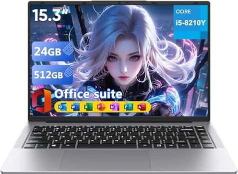 XWU Ordinateur Portable 15,3" Core i5-8210Y(Jusqu'à 3,6 GHz),24 Go RAM 512 Go SSD, Win 11 PC Portable, Écran 1920x1200 100% sRGB avec HDMI et USB-A, Autonomie Prolongée