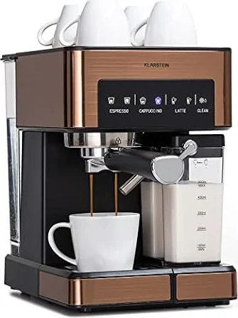 KLARSTEIN Petite Cafetière Electrique avec Mousseur de Lait, Cafetières, Machines à Café Expresso 20 Bar, en Acier Inoxydable 1350W pour Café Moulu, Qualite Barista