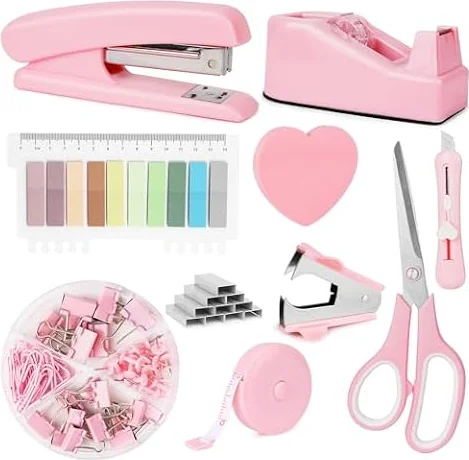OFFCUP Ensemble de Fournitures de Bureau, Kit d'accessoires de Bureau, Distributeur de Ruban Adhésif, Dissolvant d'agrafes, Agrafeuse avec Agrafes, Ciseaux, Notes Autocollantes pour Maison L'éCole
