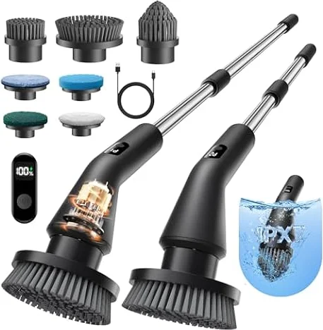 Leebein Brosse Électrique Nettoyage, Brosse Rotative Améliorée Étanche IPX7 avec 7 Têtes de Brosse, Manche Extensible et 2 Vitesses pour Salle de Bain, Sol, Cuisine et Voiture