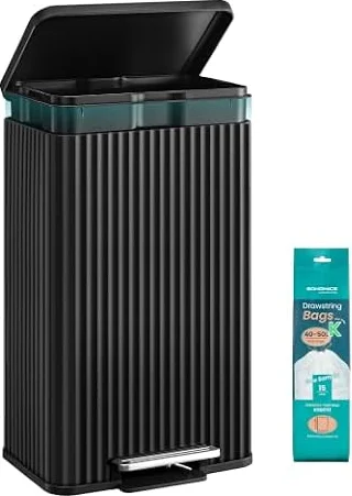 SONGMICS Poubelle de Cuisine, 50 L, avec Pédale, Couvercle à Fermeture Douce, Seau Intérieur Amovible, en Acier, 15 Sacs Poubelle (Code K) Inclus, Noir d’Encre LTB586BZ02