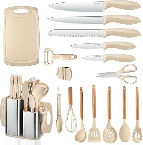 RAXCO Lot de 18 pi¨¨ces couteaux de cuisine avec bloc, ustensiles de cuisine avec set de 5 pi¨¨ces de couteaux et 7 pi¨¨ces de spatules en silicone, set d'accessoires de cuisine