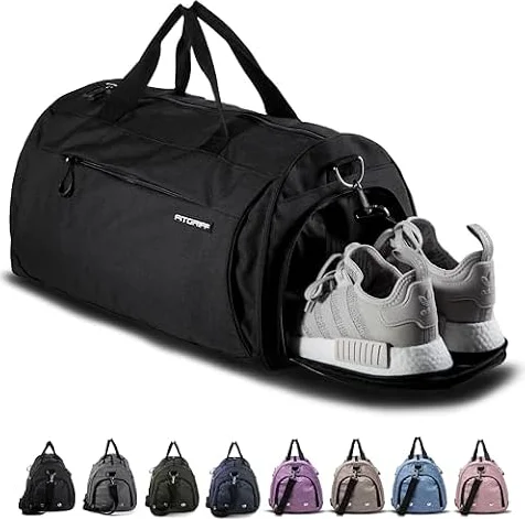 Fitgriff® Sac de Sport - Femmes et Hommes - avec Compartiment à Chaussures et Humide - Sac à Main pour Voyage, Sac de Gym, Fitness, Workout (Full Black, 58 x 31 x 31 cm (Medium))