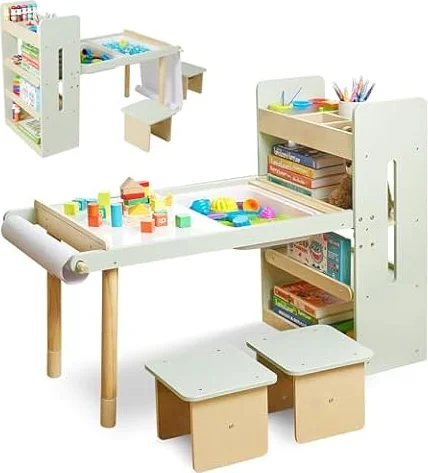 6 en 1 Table Enfants avec 2 Chaises, Tableaux Noirs et Tiroir de Rangement