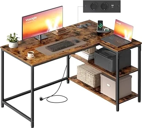 VASAGLE Bureau Gaming en L, avec Étagères et Prises, 110 x 80 cm