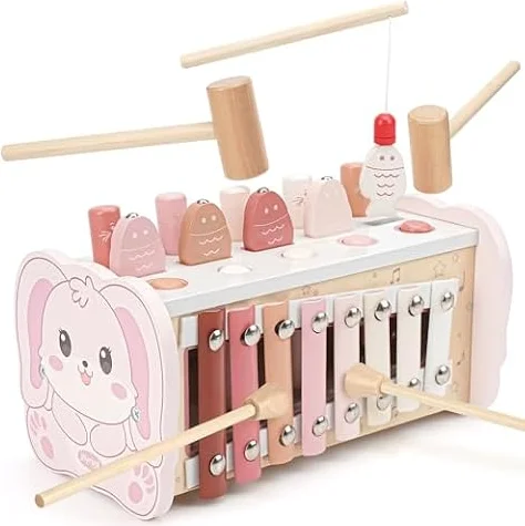 Joyreal Jeux Montessori 1 an - 4 en 1 Xylophone Bebe, Jeu Pêche, Jeu Marteau, Jouet en Bois, Motricité Bébé, Jeux Educatif Jouet d'Éveil Cadeau Anniversaire 1 2 3 Ans Fille Garcon