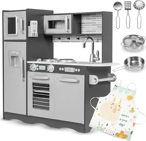 Mamabrum Grande Cuisine en Bois Enfant - Cuisine Jouet LED 92x30x82,5 CM avec Frigo, Micro-Ondes, Plaque, Ustensiles, Tablier - pour Enfants 3 Ans+ (8 Items)