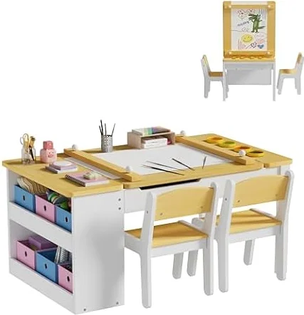 MSFE Table Enfant avec Chaise,Coloriage pour Enfants avec Plateau Inclinable,Table pour Enfant avec 2 Chaises en Bois,Tables de Dessin Enfants Gain de Place pour Etudier et Jouer,110 * 62 * 53.4CM
