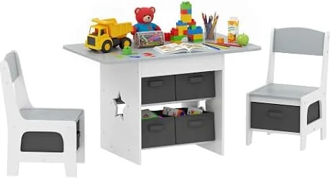 AIYAPLAY Table Enfant avec Chaise 6 Tiroirs Amovibles 3-8 Ans Gris Clair