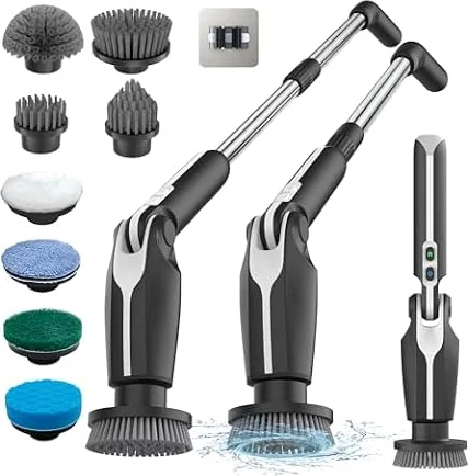 Leebein Brosse Électrique Nettoyage, 2026 Brosse Nettoyage sans Fil avec 8 Brosses Remplaçables, Télécommande, 2 Vitesses de Rotation et Longueur Réglable 38-132CM pour Salle de Bain/Cusine/Voiture