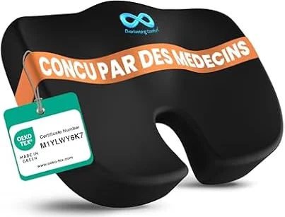 Everlasting Comfort Coussin d’Assise en Mousse mémoire pour Bureau, Voiture & Maison – Coussin Confort avec Housse Lavable, Base antidérapante et Forme profilée (Noir)