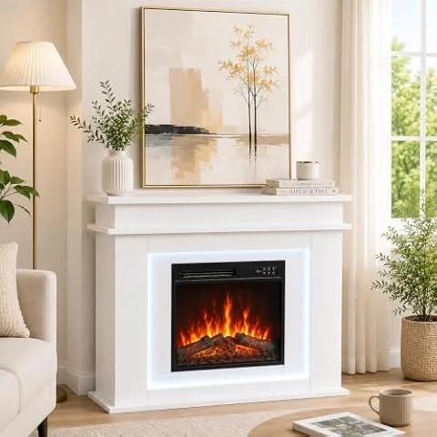 HOMAVO Cheminée Électrique avec Manteau, 1800 W, Éclairage LED