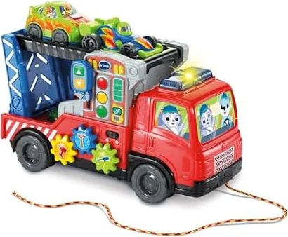 VTech - Super Camion Dépannage Interactif - Jouet à Tirer 3 en 1 - Camion Transporteur de Voitures, Dépanneuse Jouet Enfant, Rampe Voiture de Course - Cadeau Enfant Dès 1 an - Contenu en Français