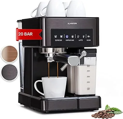 KLARSTEIN Petite Cafetiere Electrique avec Mousseur de Lait, Machines à Café et à Expresso 20 Bar, Acier Inoxydable 1350W pour Café Moulu, Qualite Barista