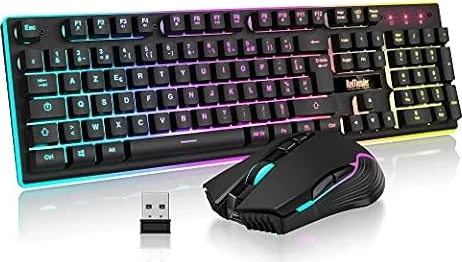 RedThunder K10 Ensemble Clavier et Souris Gaming sans Fil, AZERTY FRANÇAIS, Rétroéclairage LED 3800mAh Batteries Rechargeables, Clavier USB Anti-ghosting + Souris 7D 3200DPI pour PC Gamer Xbox(Noir)
