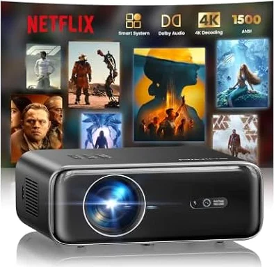 Vidéoprojecteur 4K【Netflix Inclus/Dolby】 1500 ANSI Projecteur Vidéo 4K Auto Focus/Keystone WiFi Bluetooth FHD 1080P, HDR10, Smart Rétroprojecteur Portable WiFi6 Extérieur Zoom50% Cadeau/Home Cinéma