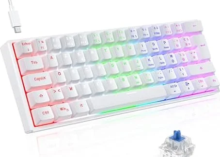 TECURS Clavier Mecanique Gaming AZERTY, Clavier Gamer de Jeu Filaire, 60% Clavier Mini LED Rétroéclairé, Anti-Ghosting, Switchs Bleu pour PC/Windows/PS4/PS5, Blanc