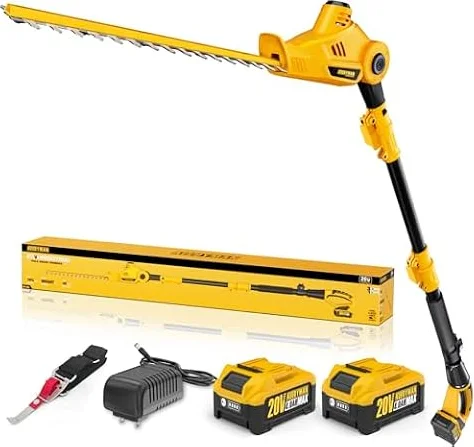 Alloyman Taille-Haie sans Fil Télescopique 20V Max sur Perche, Lame 40 cm, 2 Batteries 4,0 Ah et Chargeur, Manche Réglable 2,4 m pour Haies et Arbustes