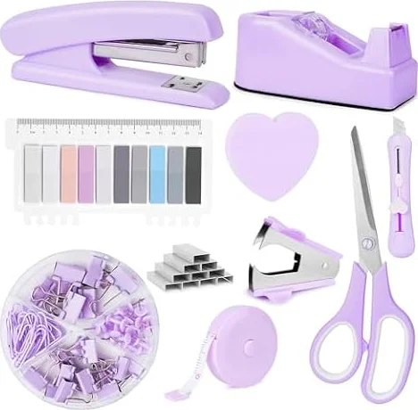 OFFCUP Ensemble de Fournitures de Bureau, Kit d'accessoires de Bureau, Distributeur de Ruban Adhésif, Dissolvant d'agrafes, Agrafeuse avec Agrafes, Ciseaux, Notes Autocollantes pour Maison L'éCole