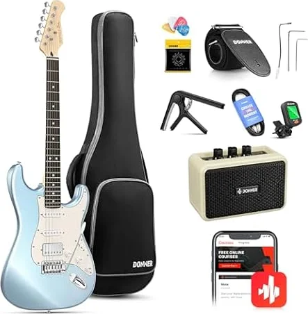 Donner Guitare Electrique, DST-152R Pack Guitare Electrique Adulte HSS Pickup Coil Split, Guitare Taille Réelle avec Ampli, Housse, Accessoires, Metallic Ice Blue