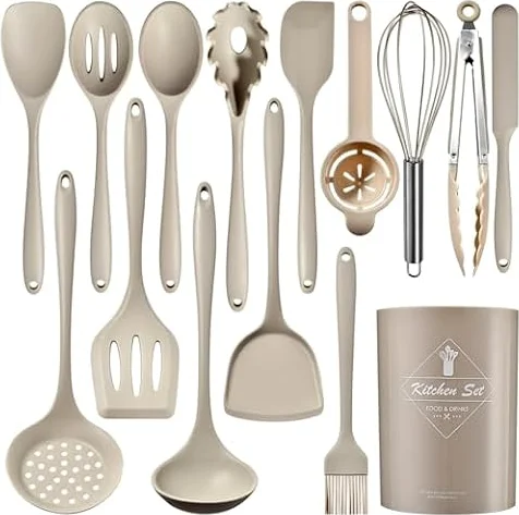 Ensemble de 15 ustensiles de cuisine en silicone avec poignée en acier inoxydable résistants à la chaleur et antiadhésifs avec porte-ustensiles lavables au lave-vaisselle Kaki (sans BPA)