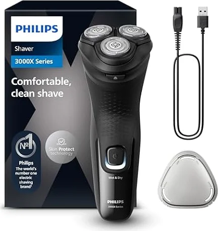 Philips Electric Shaver Series 3000x -rasoir électrique Wet & Dry ,couleur Bleu celeste, avec technologie SkinProtect, tondeuse rétractable, rasoir ergonomique pour hommes -inclus rasoir nasal
