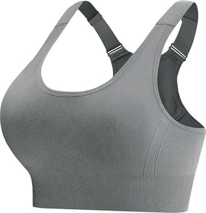 Aseniza Brassière de Sport Femme Dos Croisé Soutien Gorge Sport Maintien Élevé avec Bretelles Réglables Larges sans Armature Confortable Respirant pour Yoga Fitness Running Gris XL