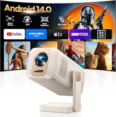 Mini Vidéoprojecteur【Apps Intégrées/Courte Focale/Auto Keystone】WiMiUS Mini Projecteur Portable 4K 1080P Supporté, Rotation 270°,Contrôle Vocal/APP, Rétroprojecteur WiFi6 BT Home Cinéma/Extérieur HDMI