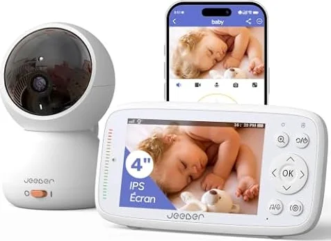 jeeber 1080P WiFi Babyphone Caméra Bébé, avec App, écran IPS 4", PTZ 360°