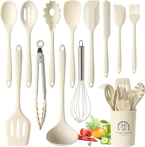 Omtofo 13 Pièces Set Ustensile Cuisine Silicone, sans BPA, Antiadhésive Anti-Rayures Cuisine Accessoires, Passe au lave-vaisselle - Beige