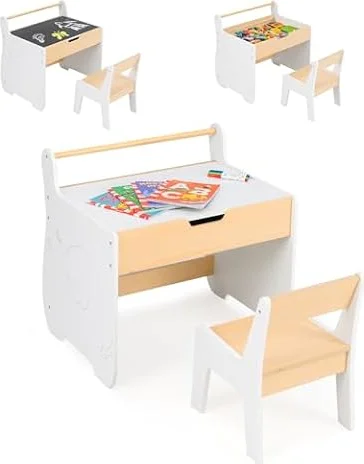COSTWAY 3 en 1 Table Enfant avec Chaise en Forme d'Eléphant, Table et Chaise en Bois avec Tableau Amovible & Porte-Rouleau de Papier, Espace Caché, Bureau pour Dessiner Jouer (Blanc)