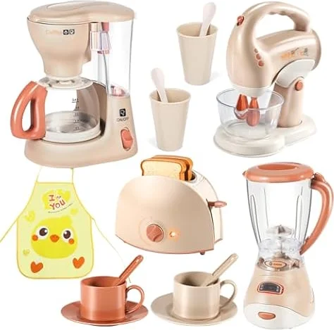 Dinette Enfant avec cafetière, Machine à Pain, Table mixage et Tablier Cuisine – Accessoire Cuisine, kit Cuisine Jouet Cadeau Fille garçon 2 3 4 5 6 Ans