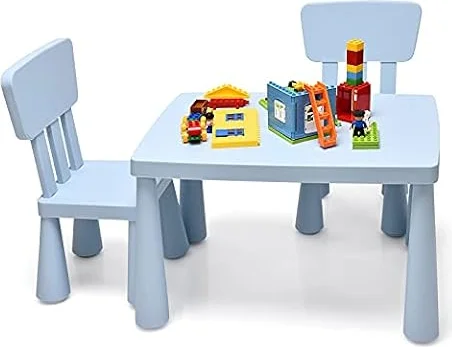 GOPLUS Table Enfant avec Chaise, Table et 2 Chaises Enfant pour Manger, Jouer, Étudier, Petite Table pour Enfants Filles Garçon 1-7 Ans, Table Bleu en Plastique, Charge 50KG