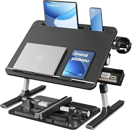 SONGMICS Table de Lit, Bureau Pliable, Plateau 56 x 40 cm, Hauteur Réglable