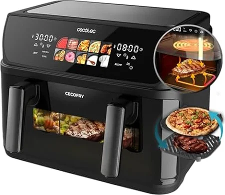 Cecotec Friteuse à Air sans Huile 10 L avec Double Résistance, Plaque, Grill, Air Fryer Cecofry&Grill Duoheat 10000. 2800 W, Cloison Amovible, Température Réglable 40-200°C, 10 Menus.