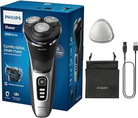 Philips Electric Shaver Series 3000 - rasoir électrique Wet & Dry pour hommes avec technologie SkinProtect, couleur Noir, tondeuse rétractable, rasoir sans fil avec housse de voyage (modèle S3241/12)