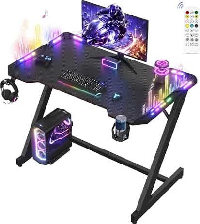 VASAGLE Bureau Gaming Informatique avec LED, Forme Z, 100 cm