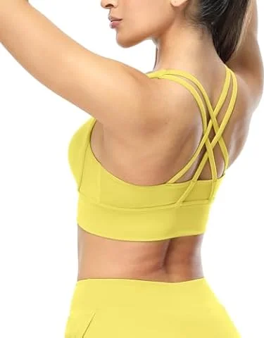 icyzone Soutien-Gorge de Sport Femme Maintien Élevé Yoga Bra Dos Croisé Brassière avec Amovibles Coussinets pour Gym Fitness Course à Pied (Jaune, S)