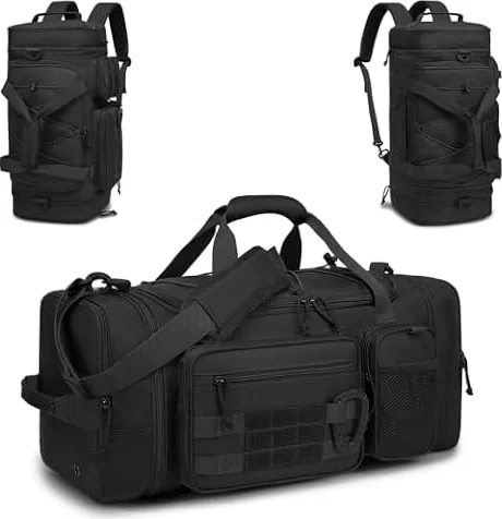 TONRUYN Sac de Sport Tactique pour Homme 40-45L Extensible Grand Sac Fitness avec Bretelles et Compartiment à Chaussures 3 en 1 Sac de Voyage Militaire pour Natation Gym Camping Noir