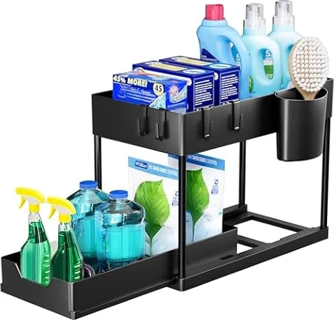 Puricon Lot de 1 Rangement sous Évier à 2 Étages, Organisateur Cuisine avec Tiroirs Amovibles, Rangement Coulissant sous Évier, Organisateur Placard, Étagère, Panier Coulissant pour Cuisine -Noir