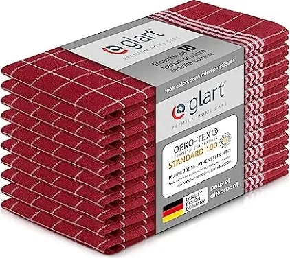 Glart 48RI2 Lot de 10 torchons de cuisine, 50x70 cm, 100% coton certifié OEKO-TEX Standard 100, rouge, prélavés, pour la cuisine et la vaisselle